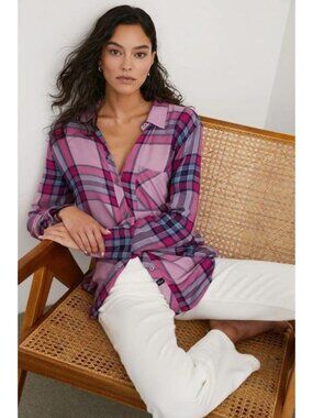 Rails Womens Medium Hunter Navy Sea Magenta Plaid Button Up Flannel Shirt Top